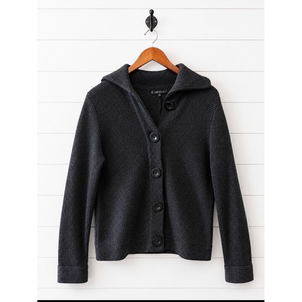 Anne Klein PL Black Ribbed Wool Blend Button Cardigan Sweater Jacket
